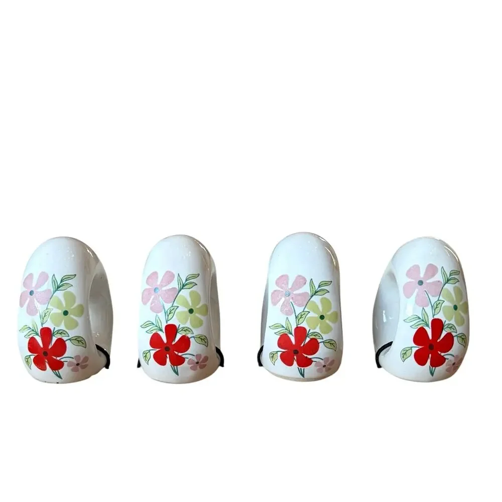 Tahari Home Ceramic Floral Easter Egg Napkin Rings 3in Set of 4 Spring Decor New